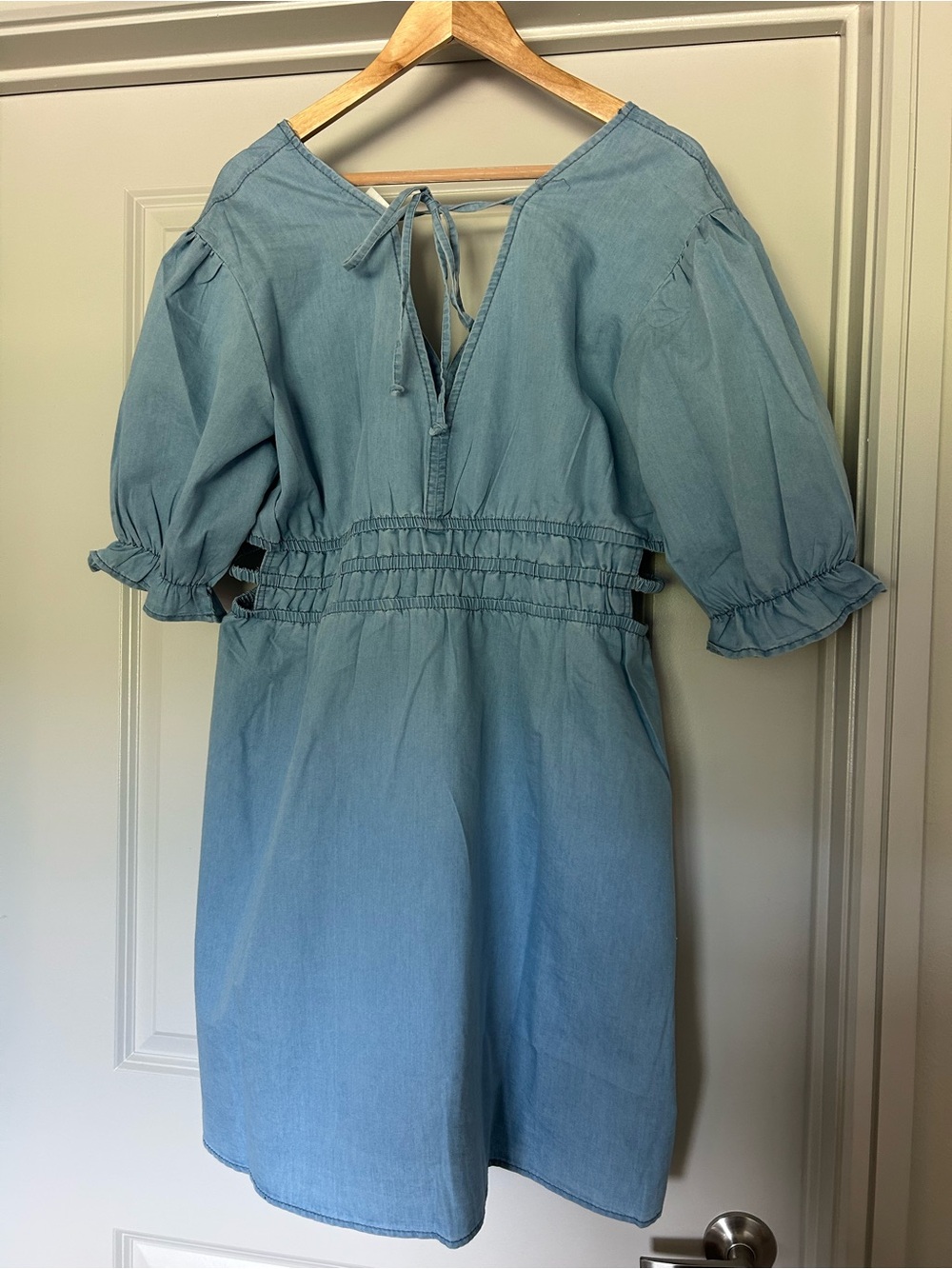 Light Wash Denim Tie-Back Puff Sleeve Mini Dress